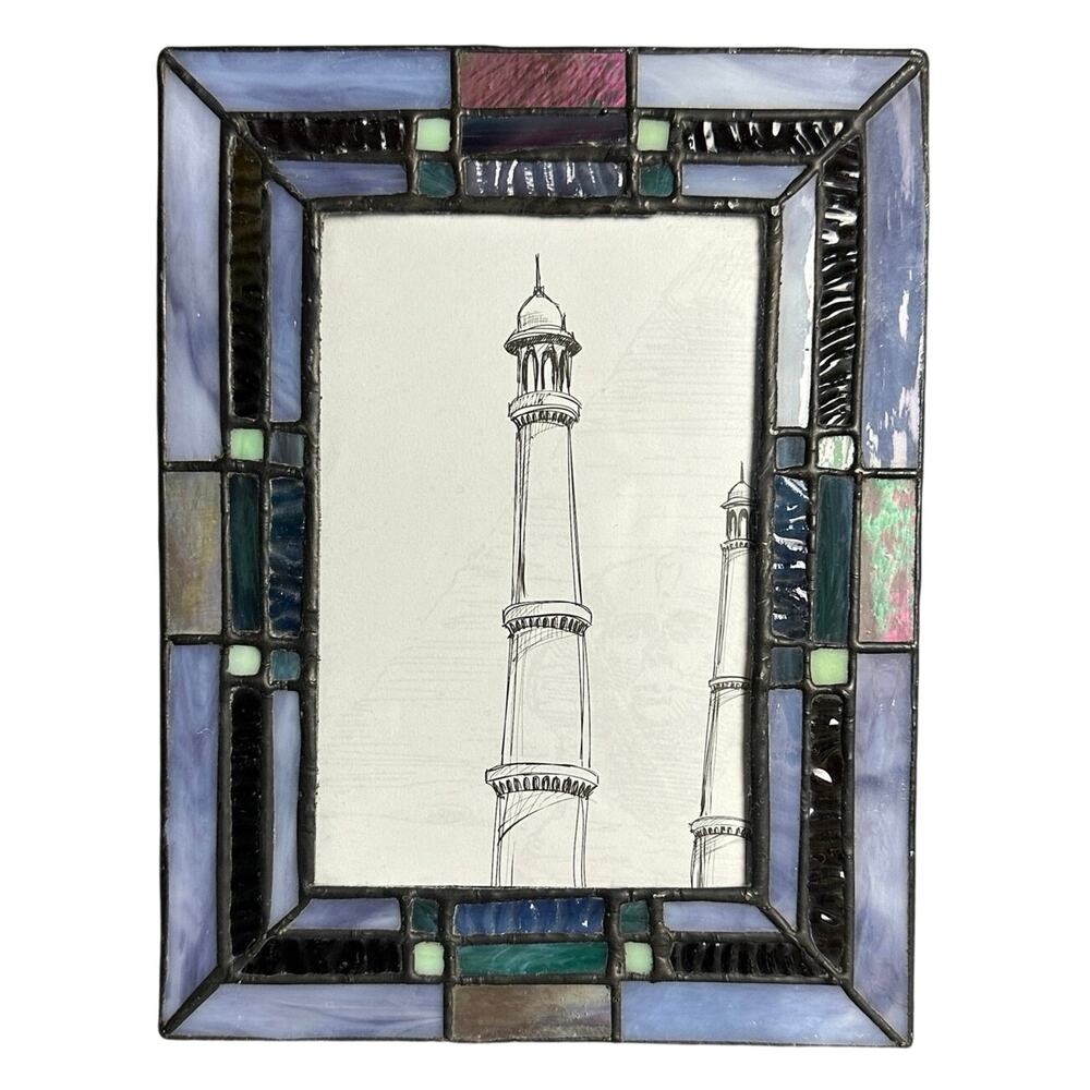 Vintage stained glass picture frame 4x6 Dale Tiffany blue iridescent coastal